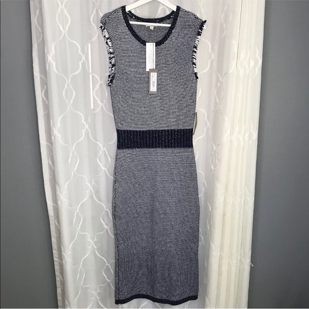 Eva Mendez sweater dress blue and white